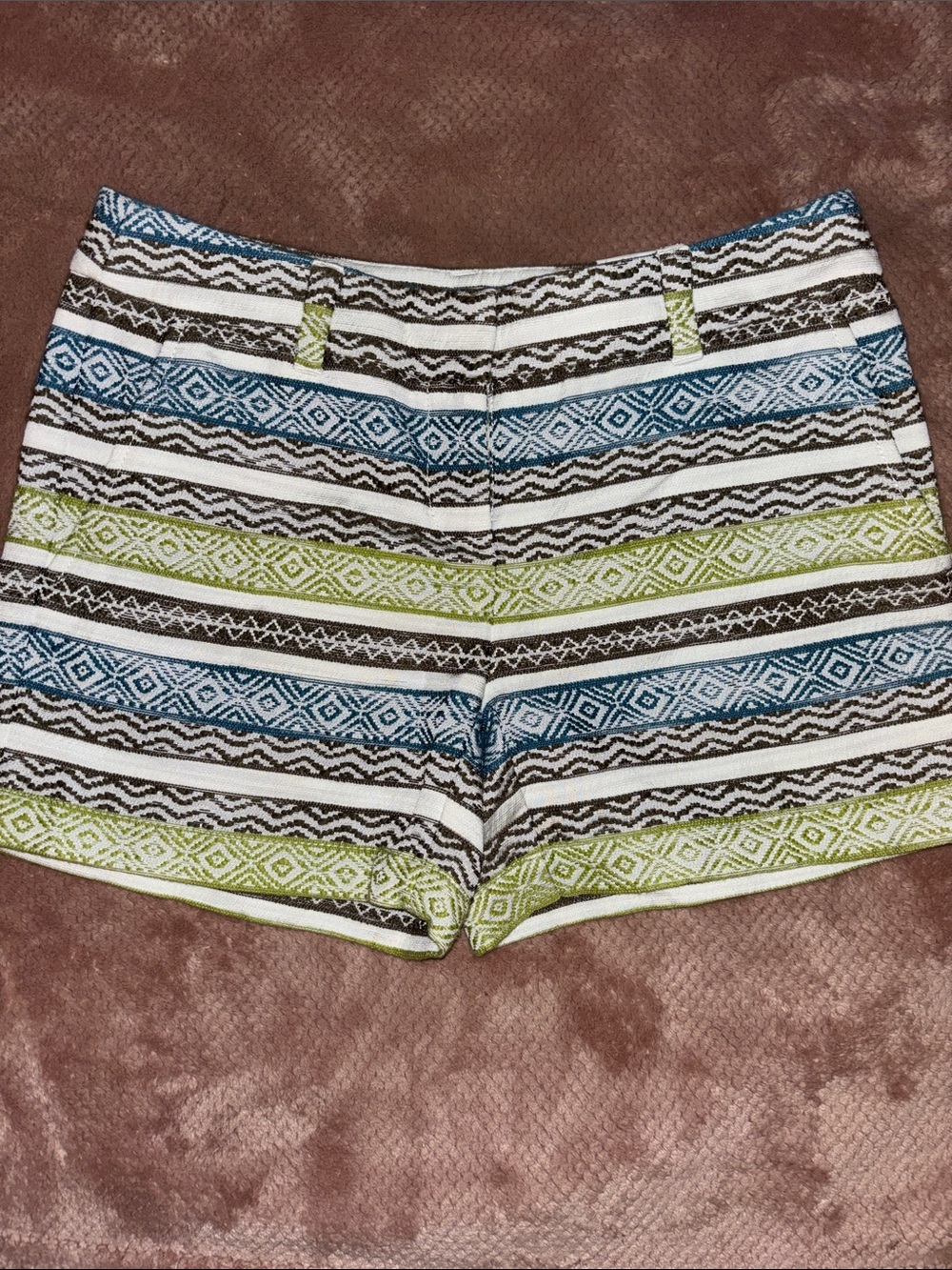 LOFT SIZE 00, Striped Geometric Bermuda Shorts in Blue, Green & White